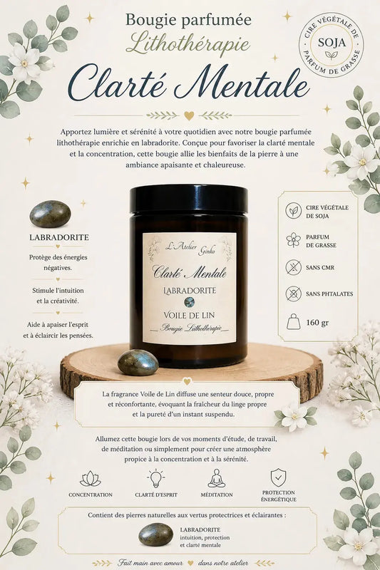 Bougie parfumée Lithothérapie Clarté Mentale L'Atelier Ginko - Boutique en Ligne