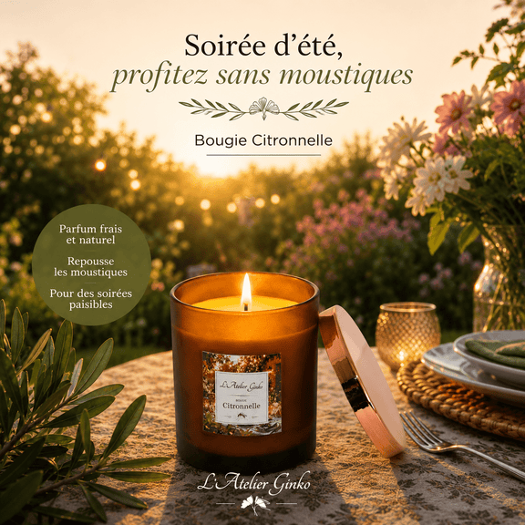 Bougie parfumée Citronnelle Extérieur – Anti-moustique - L'Atelier Ginko - Boutique en Ligne