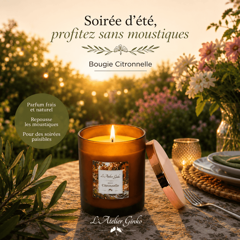 Bougie parfumée Citronnelle Extérieur – Anti-moustique - L'Atelier Ginko - Boutique en Ligne
