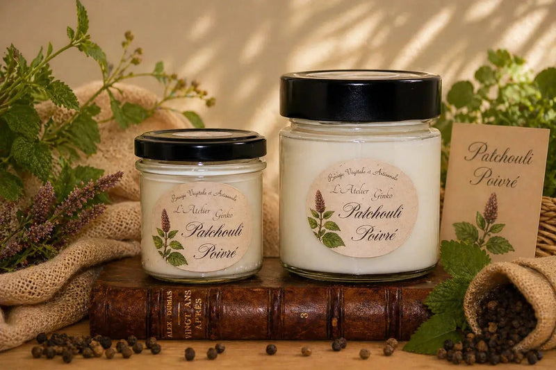 Bougie parfumée Patchouli Poivré cire de soja artisanale L'Atelier Ginko Moselle